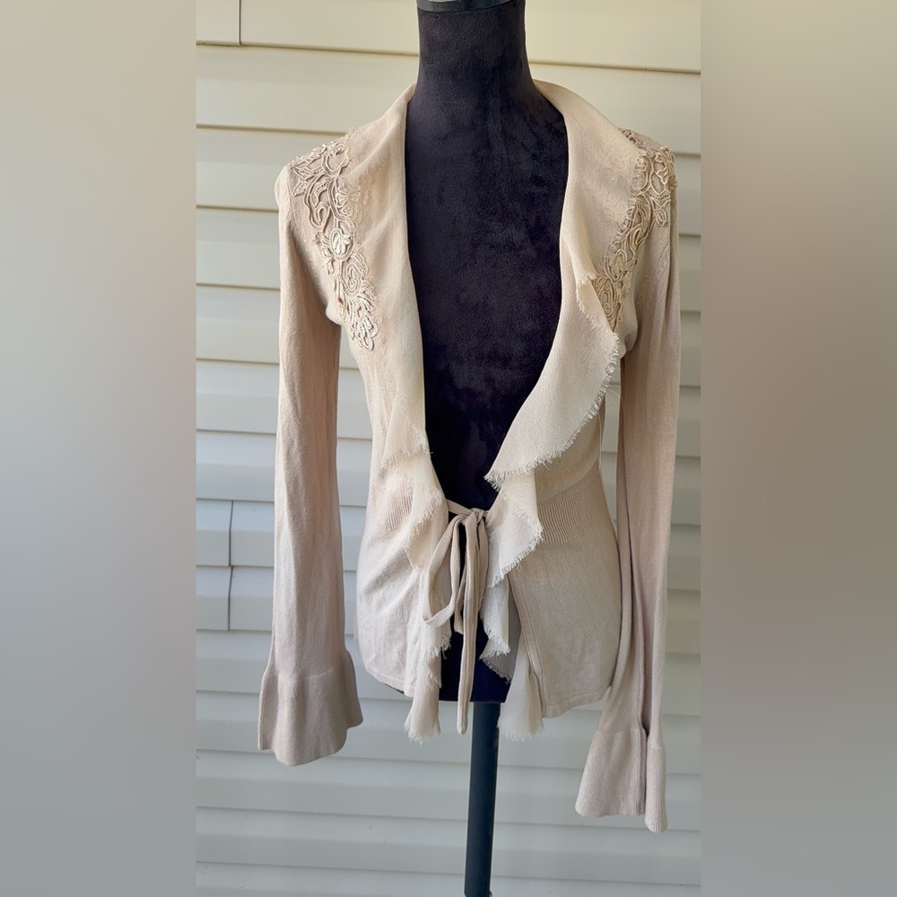 Together Whimsy Raylon‎ Nylon Blend Cardigan Coquette Y2K Small Beige Layering